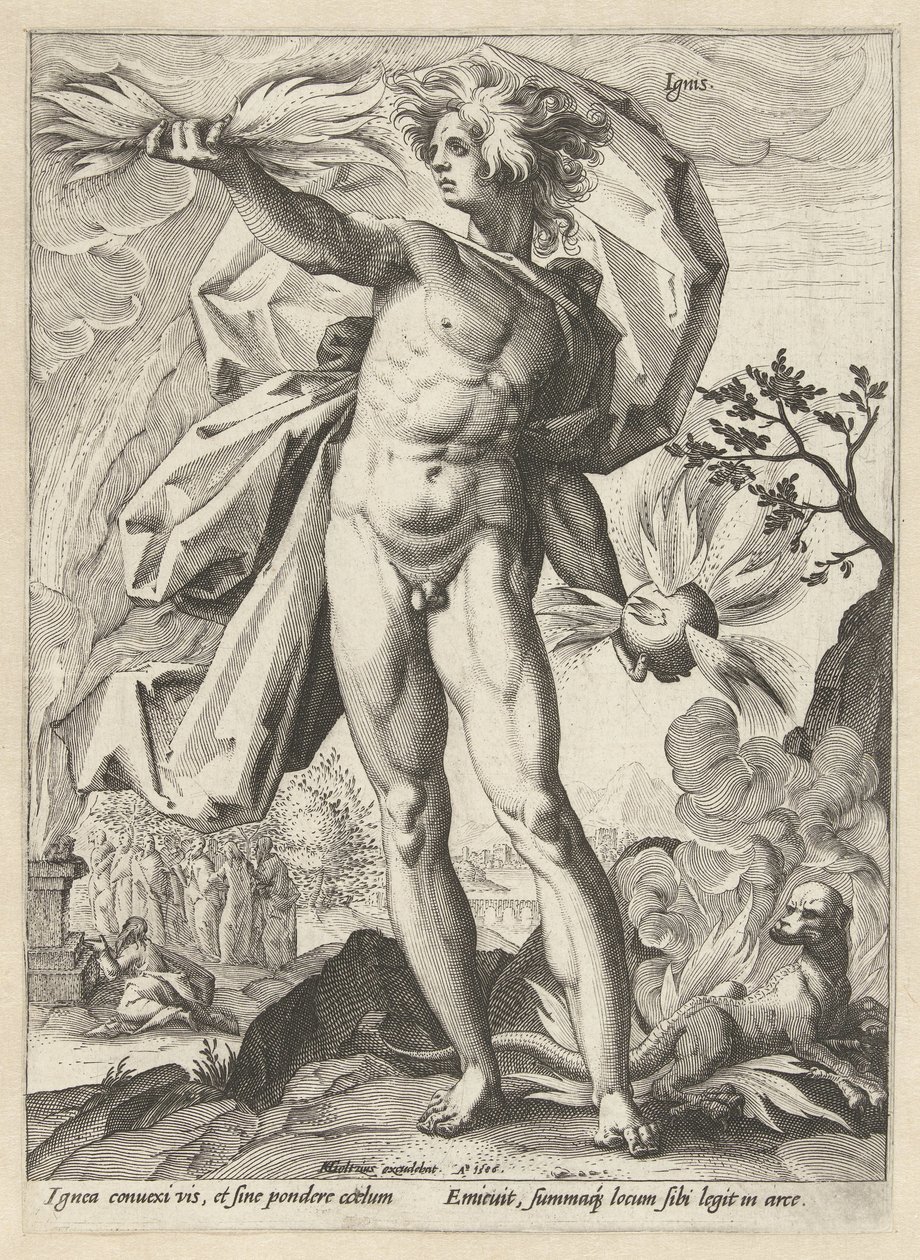 Fyrverkeri Ignis (titel på objekt) The Four Elements (serietitel) av Hendrick Goltzius (workshop of)