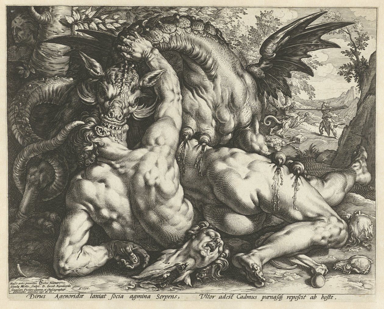 En drake som slukar Cadmus följeslagare Kamrater till Cadmus slukade av en drake av Hendrick Goltzius