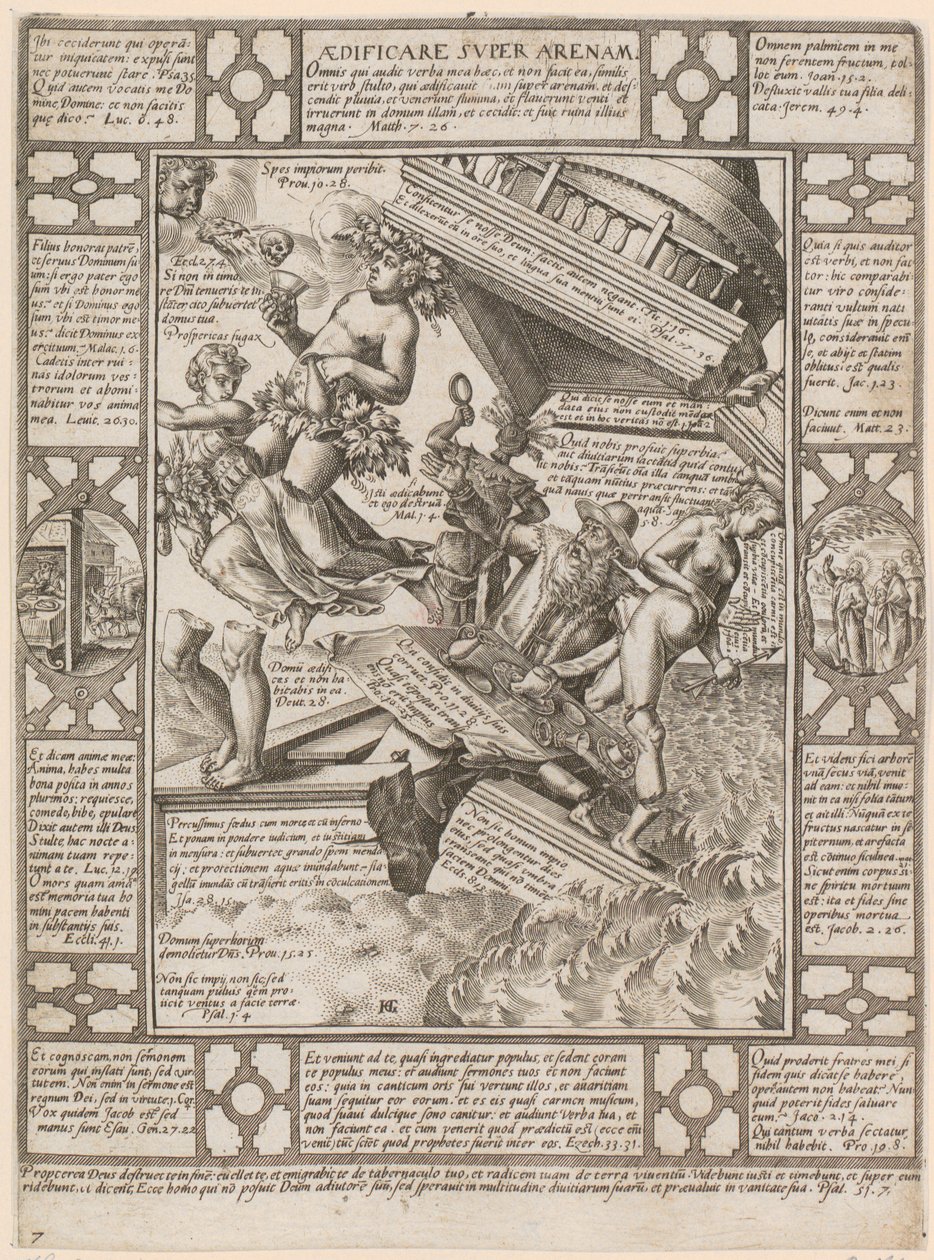 Aedificare super Arenam, blad 7 i serien ”Allegorier över den kristna tron” av Hendrick Goltzius