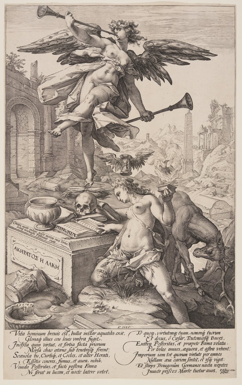 Allegori om berömmelse och historia, från De romerska hjältarna av Hendrick Goltzius