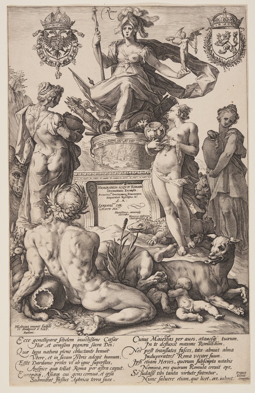 Allegori över Rom, titelplansch från De romerska hjältarna av Hendrick Goltzius