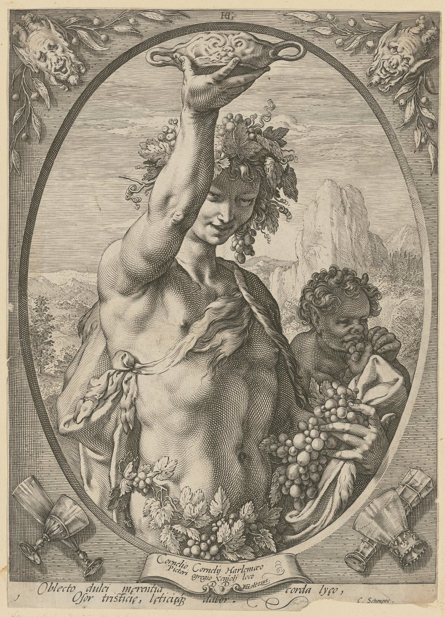 Bacchus, blad 1 i serien ”Bacchus, Venus och Ceres” av Hendrick Goltzius