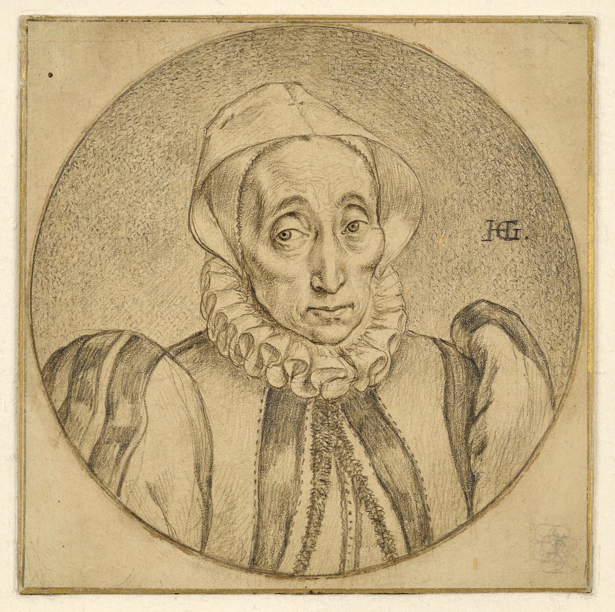 Bystbild av en äldre dam (Agatha Scholiers) av Hendrick Goltzius