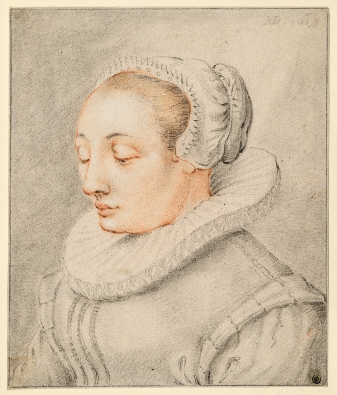 Bystbild av en ung kvinna med huvudbonad av Hendrick Goltzius