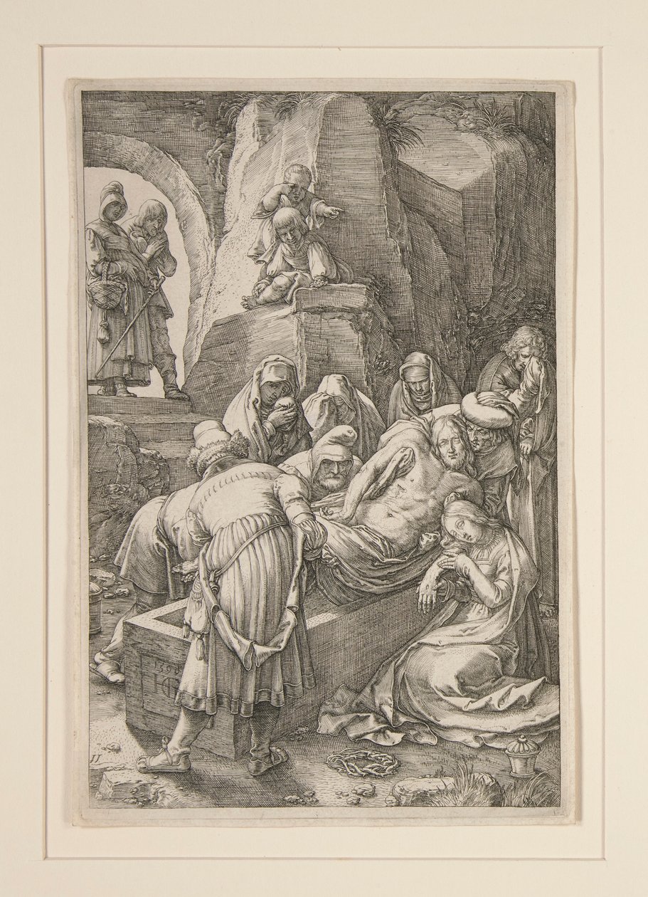 Burial of Christ (The Entombment), från The Passion, #11 i en serie om 12 gravyrer av Hendrick Goltzius