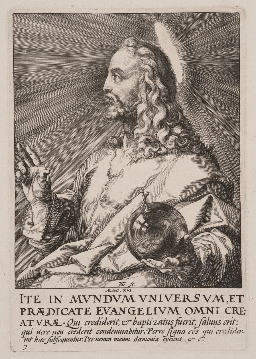 Kristus (som Salvator Mundi), från Kristus, apostlarna och Paulus med trosbekännelsen av Hendrick Goltzius