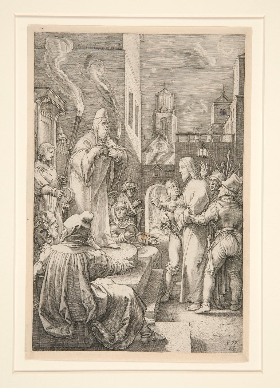 Kristus före Kaifas, från The Passion, #4 i en serie av 12 gravyrer av Hendrick Goltzius