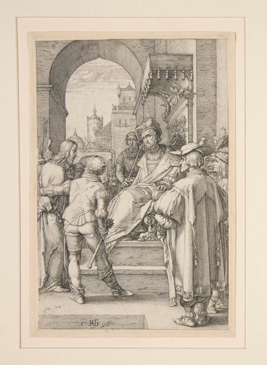 Kristus före Pilatus, från The Passion, #5 i en serie av 12 gravyrer av Hendrick Goltzius