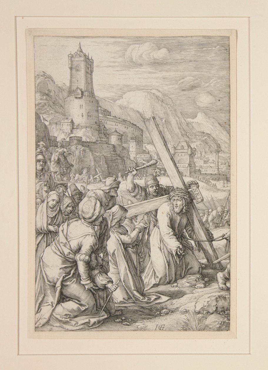 Christ Carrying the Cross, #9 in från The Passion, en serie med 12 gravyrer av Hendrick Goltzius