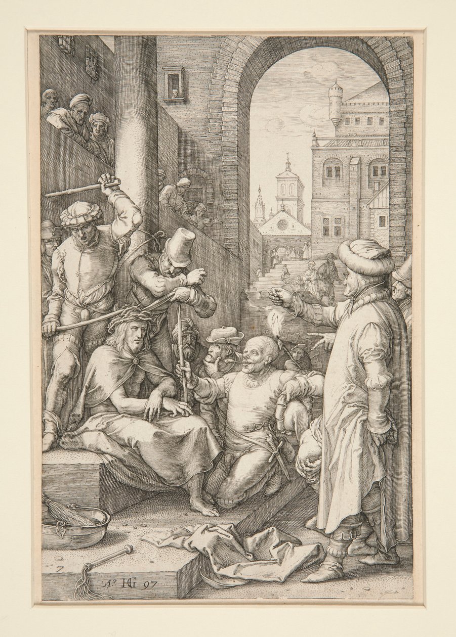 Christ Crowned with Thorns, från The Passion, #7 i en serie av 12 gravyrer av Hendrick Goltzius