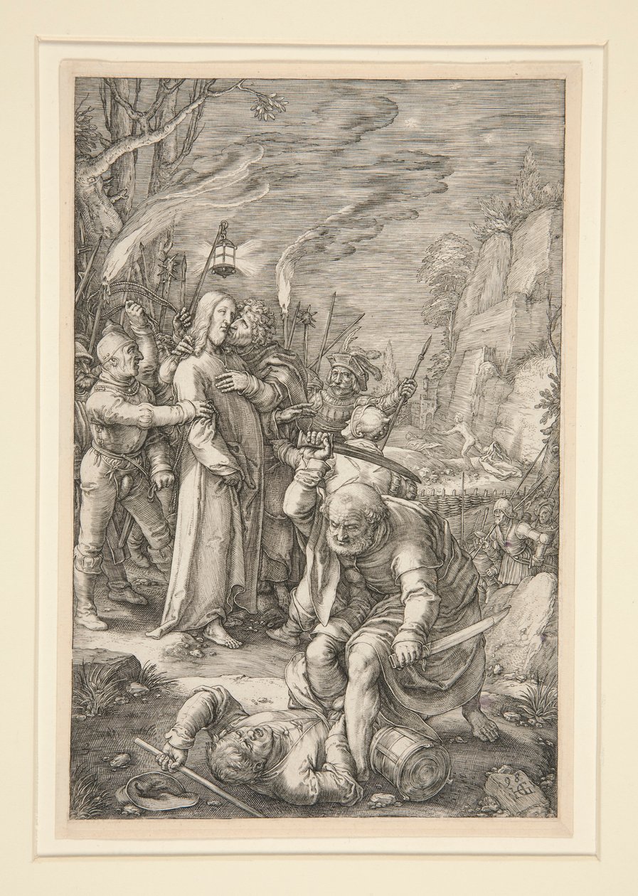 Christ Taken Captive (The Berayal of Christ), från The Passion, #3 i en serie om 12 gravyrer av Hendrick Goltzius