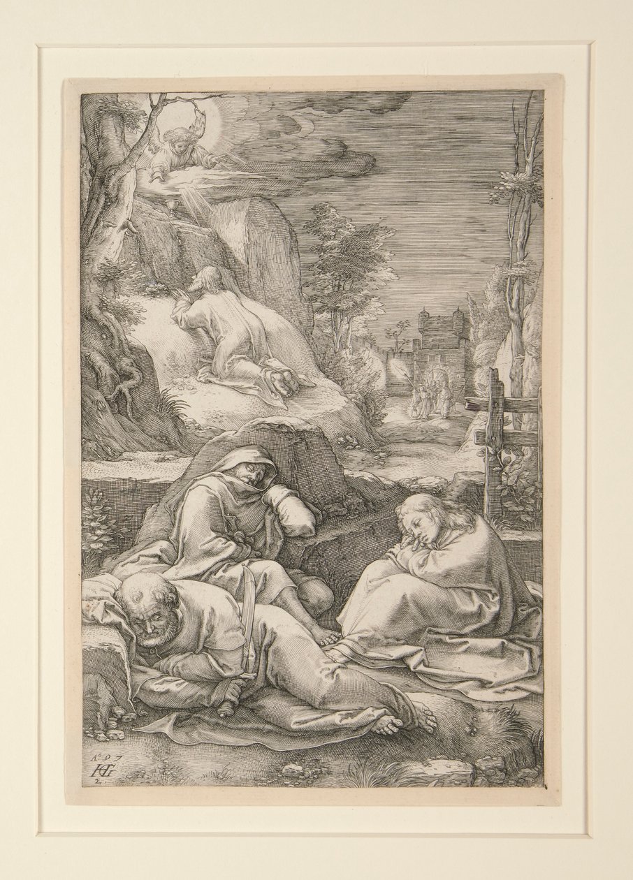 Kristus på Oljeberget (Agony in the Garden), från The Passion, #2 i en serie av 12 gravyrer av Hendrick Goltzius
