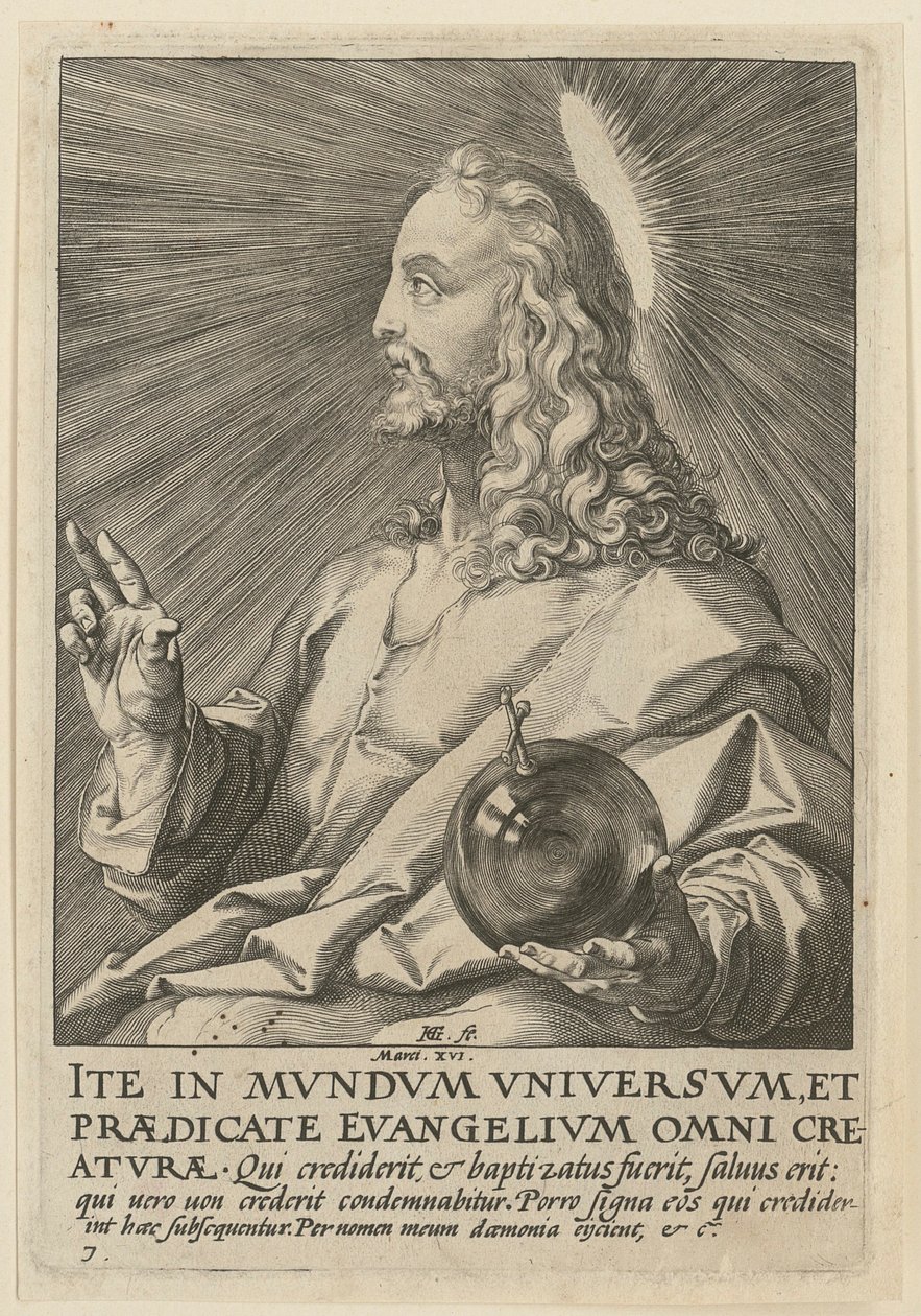Kristus som Salvator Mundi, blad 7 ur serien ”Kristus, de tolv apostlarna och Paulus” av Hendrick Goltzius