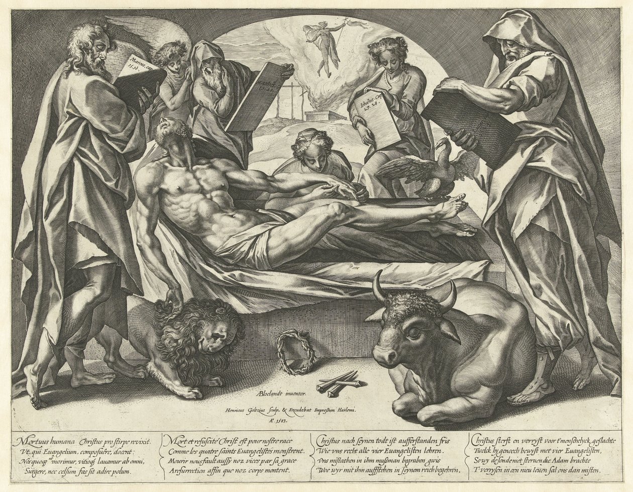 Den döde Kristus och de fyra evangelisterna av Hendrick Goltzius