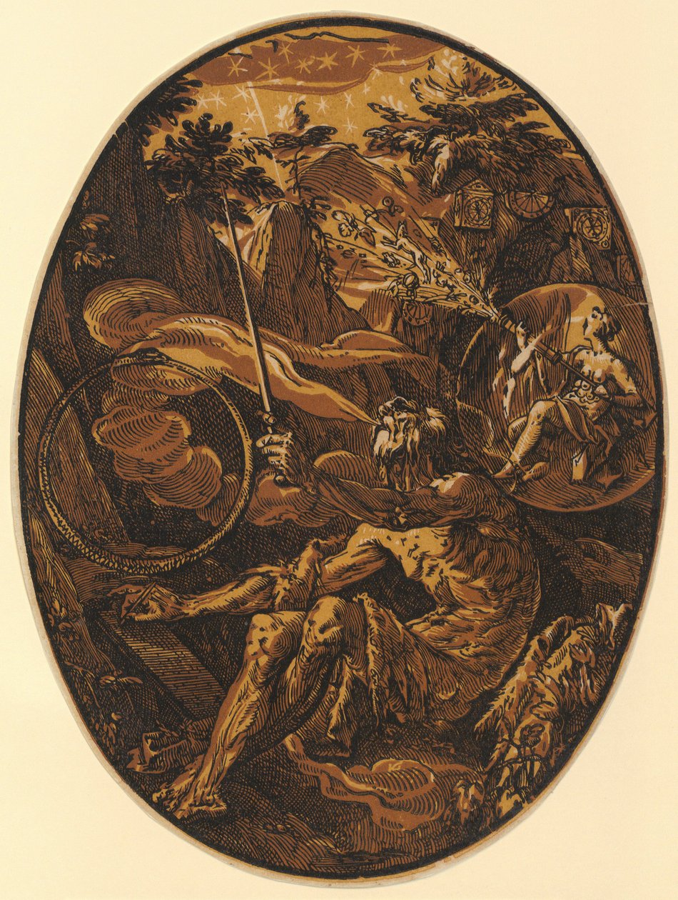 Demogorgon i evighetens grotta, blad 1 i serien ”Demogorgon och de gudomliga varelserna” av Hendrick Goltzius