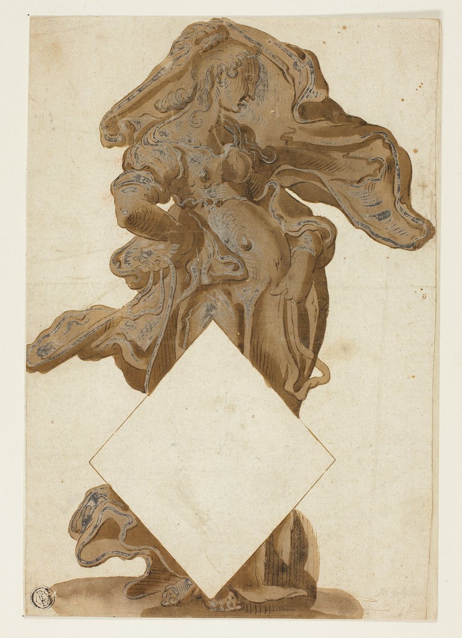 Design med kvinnlig figur i flödande draperi av Hendrick Goltzius