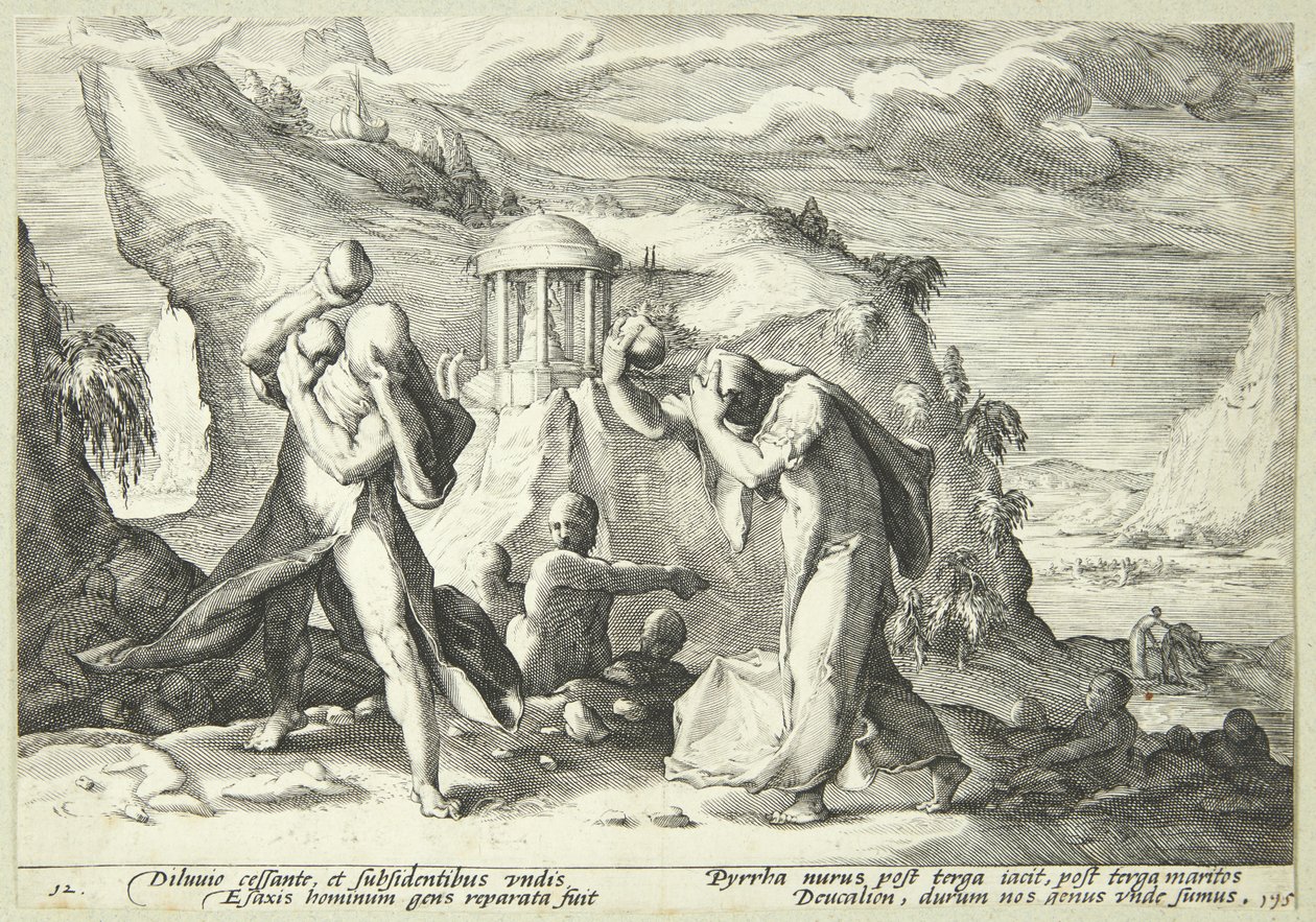 Deukalion och Pyrrha återbefolkar världen av Hendrick Goltzius