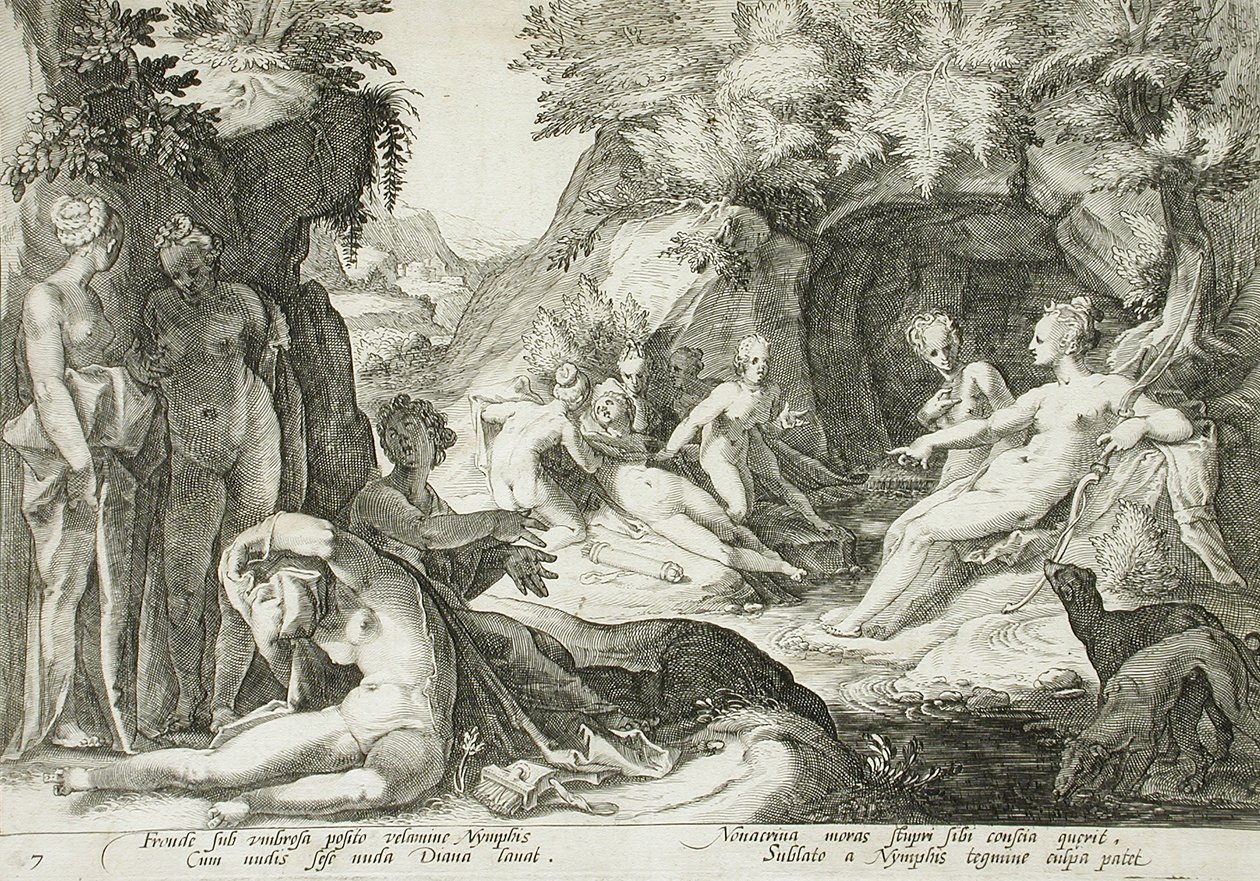 Diana och hennes nymfer upptäcker att Callisto är gravid av Hendrick Goltzius