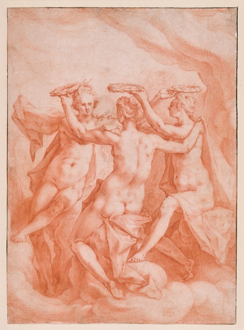 Die drei Grazien auf Wolken schwebend av Hendrick Goltzius