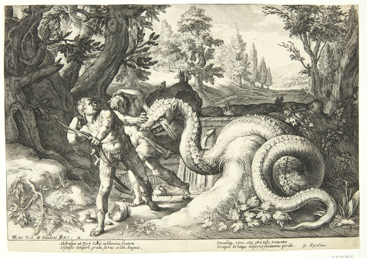 Draken slukar Kadmos följeslagare av Hendrick Goltzius