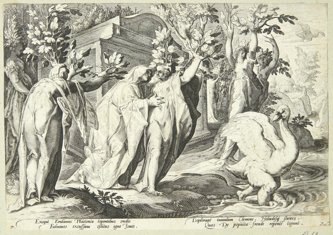 Phaetons systrar förvandlas till poppelträd och Cygnus till en svan av Hendrick Goltzius