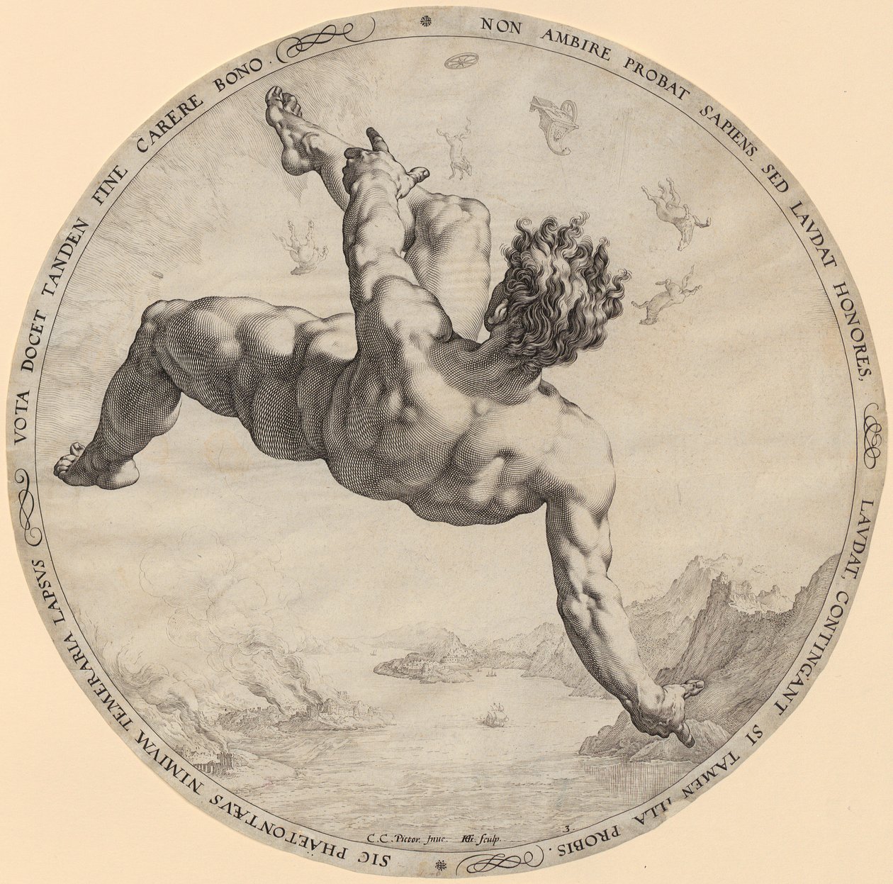 ”Phaetons fall”, blad 3 i serien ”De fyra himmelsstormarna” av Hendrick Goltzius