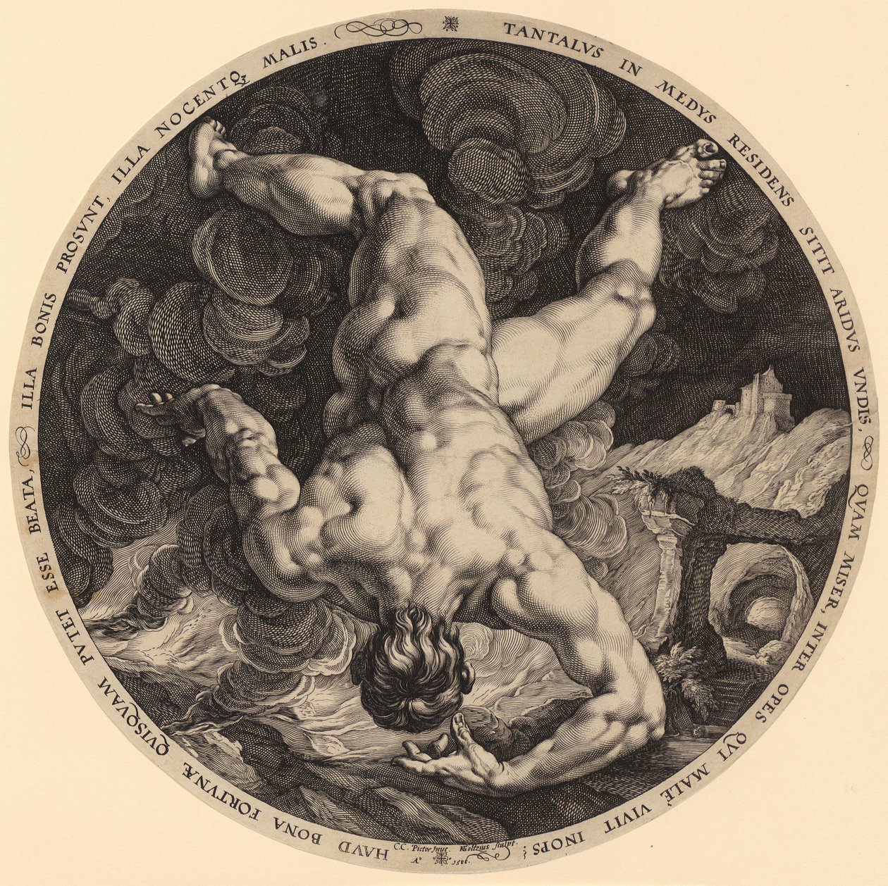 Tantalos fall, blad 1 ur serien "De fyra himmelsstormarna" av Hendrick Goltzius
