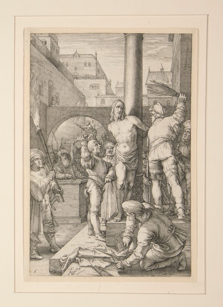 Flagellation of Christ, från The Passion, #6 i en serie av 12 gravyrer av Hendrick Goltzius