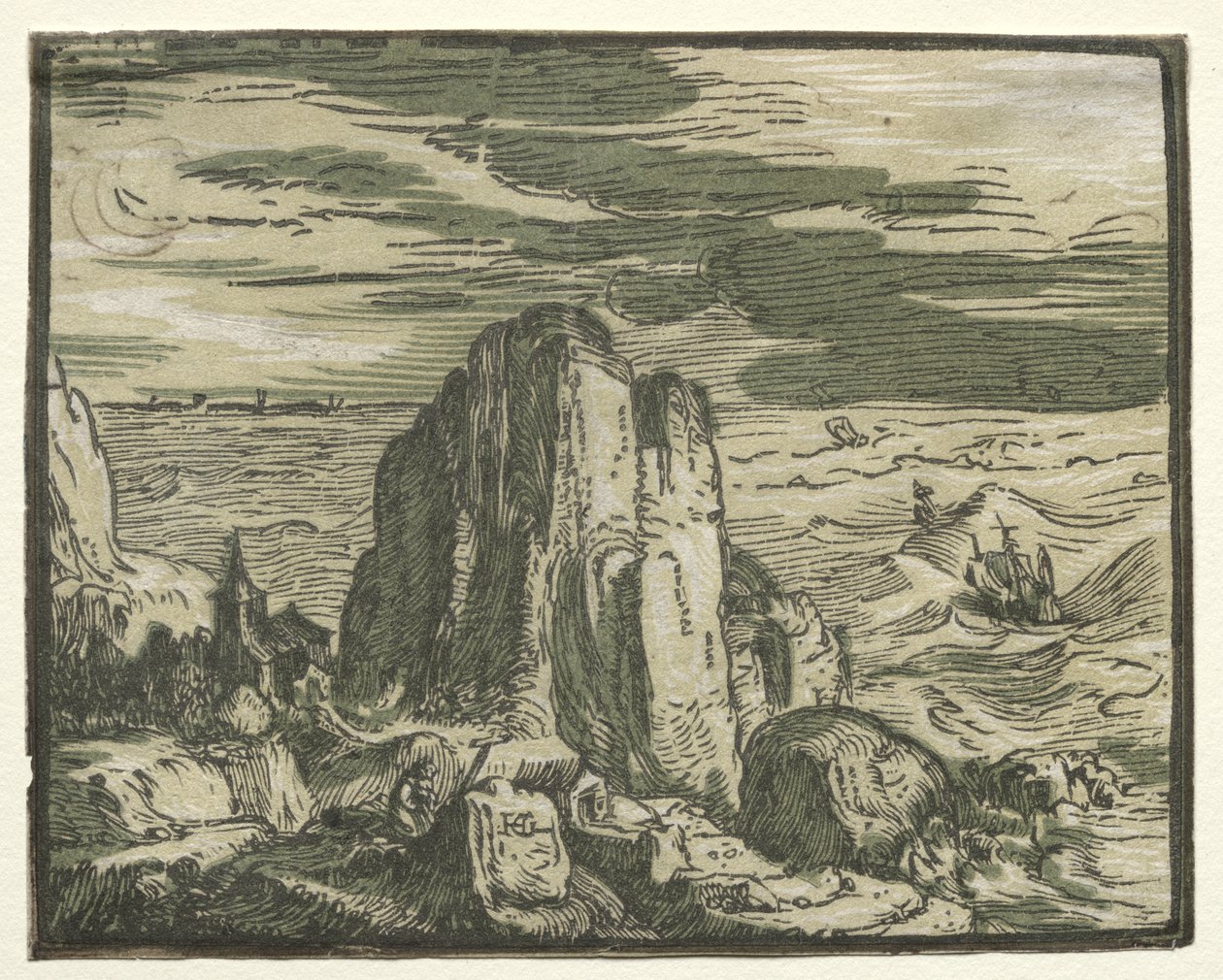 Fyra små landskap: nr 4, klippan vid havet av Hendrick Goltzius