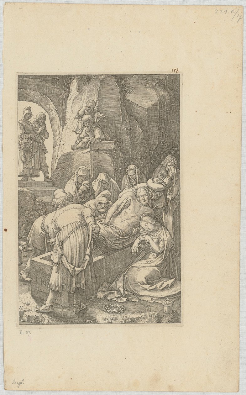 Begravning, blad 11 i serien ”Die Passion” av Hendrick Goltzius