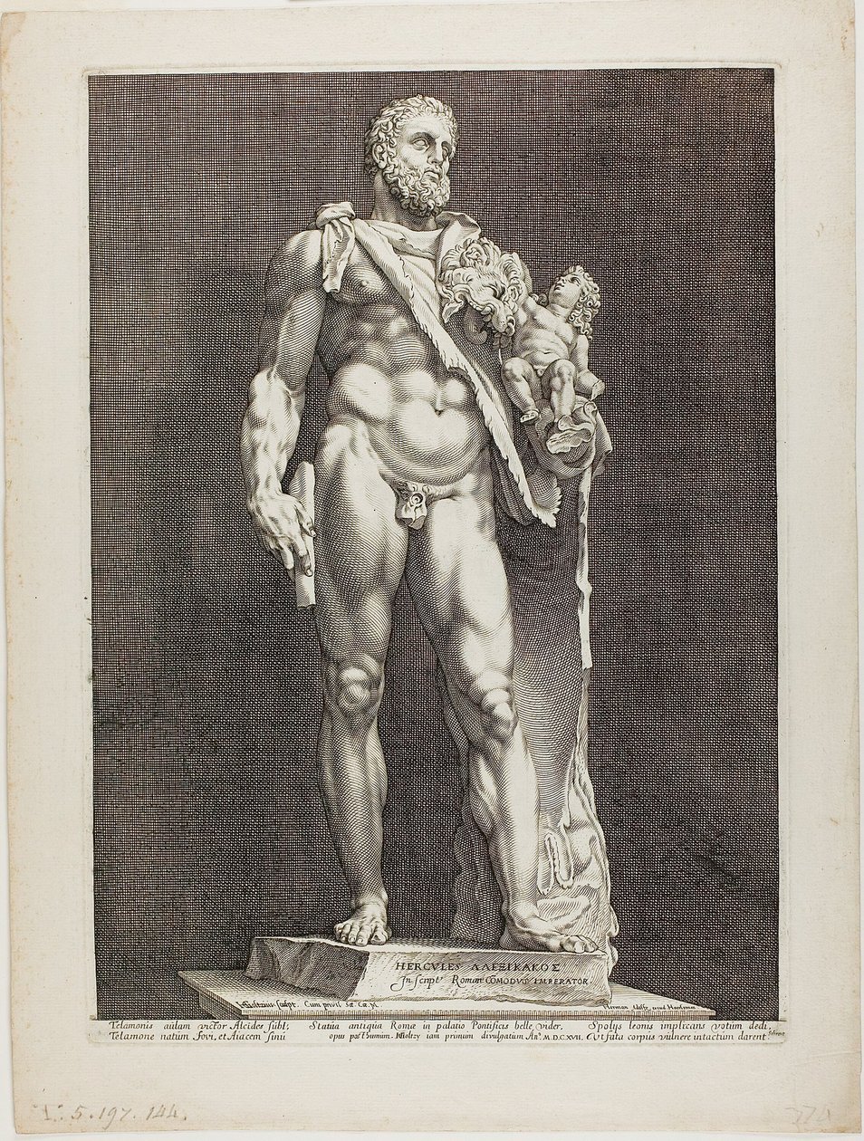 Hercules och Telephos, tallrik två från Three Famous Antique Sculptures av Hendrick Goltzius