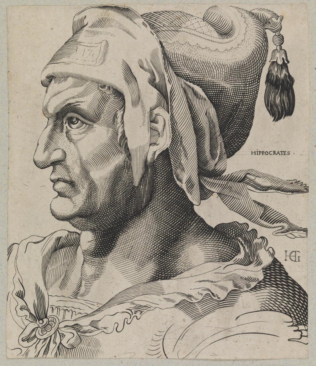 Hippokrates. Byst av en man i profil av Hendrick Goltzius