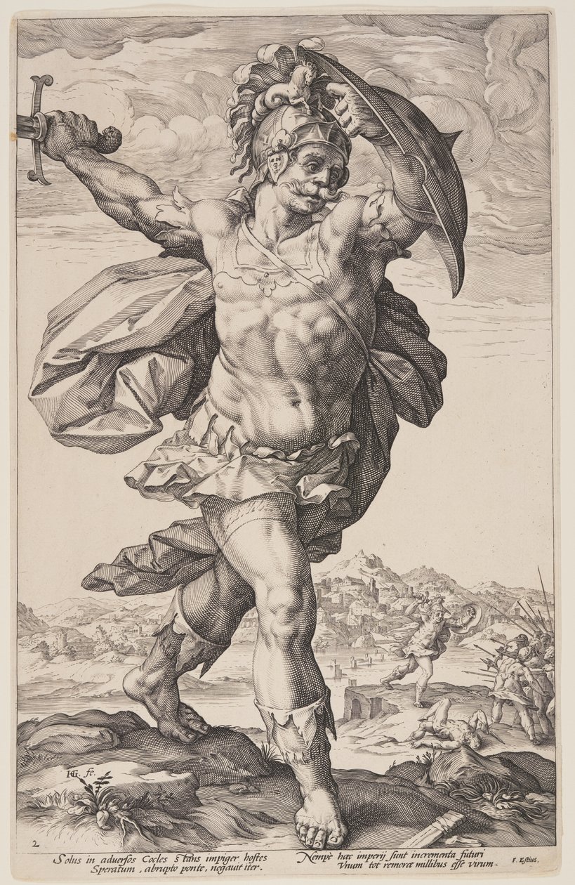 Horatius Cocles, från De romerska hjältarna av Hendrick Goltzius