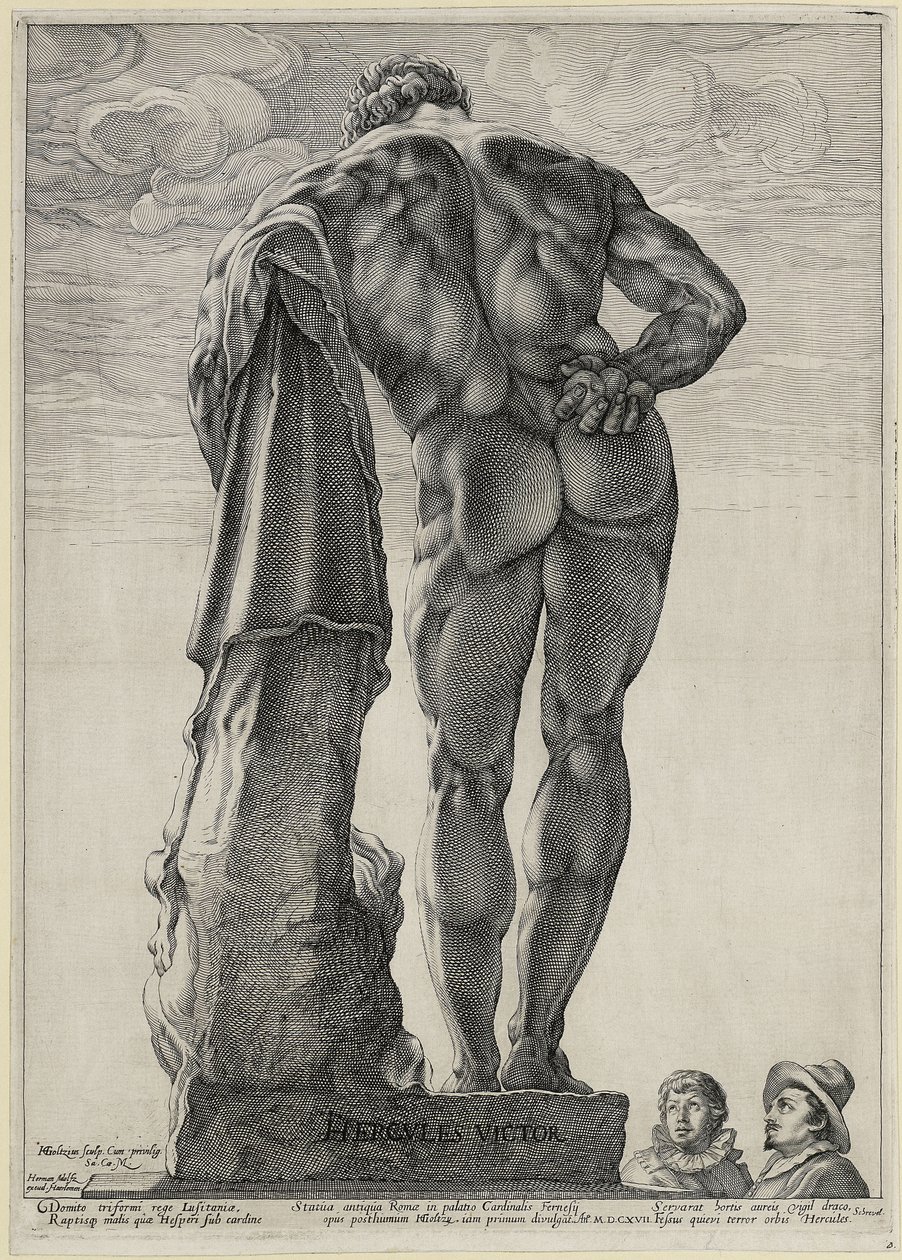 Jacob Matham och Hendrick Goltzius betraktar ”Herkules Farnese” av Hendrick Goltzius