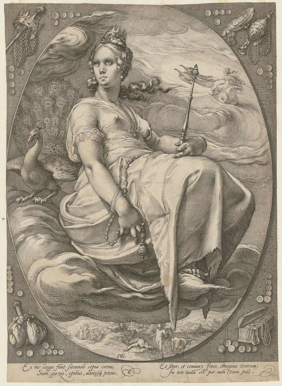 Juno, blad 3 ur serien ”Tre gudinnor” av Hendrick Goltzius