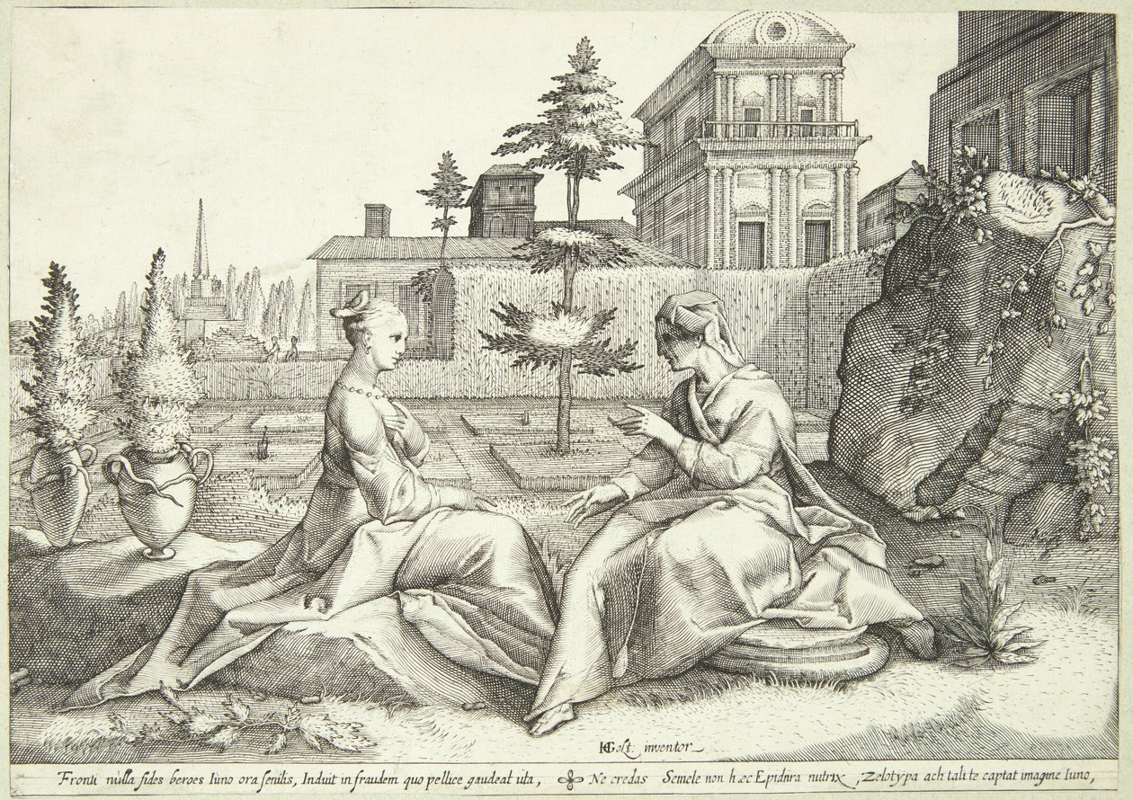 Juno förklädd till Beroë varnar Semele av Hendrick Goltzius