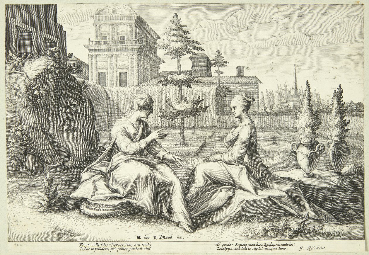 Juno förklädd till Beroë varnar Semele av Hendrick Goltzius