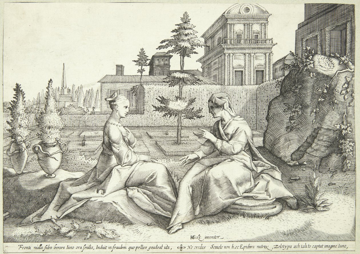 Juno förklädd till Beroë varnar Semele av Hendrick Goltzius