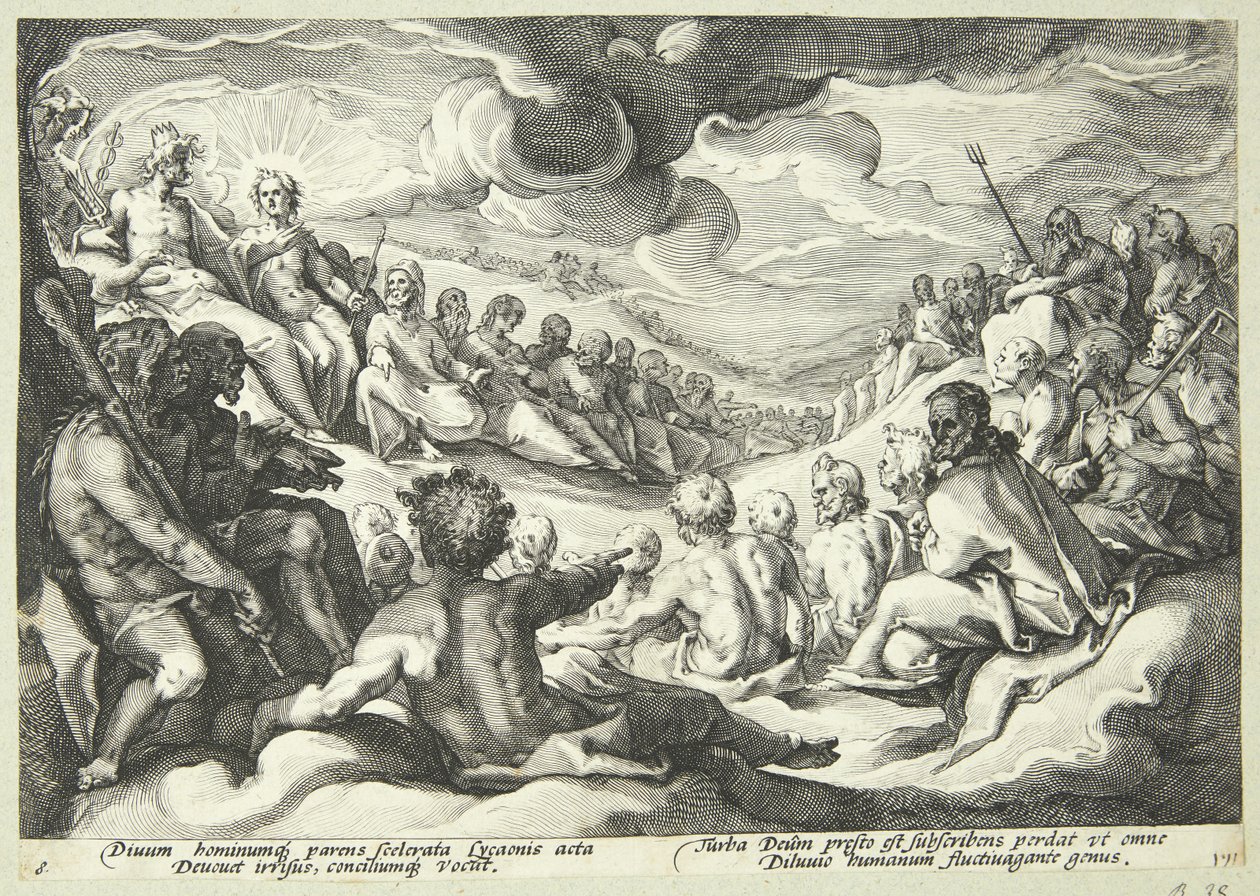 Jupiter rådgör med gudarna om förstörelsen av universum av Hendrick Goltzius