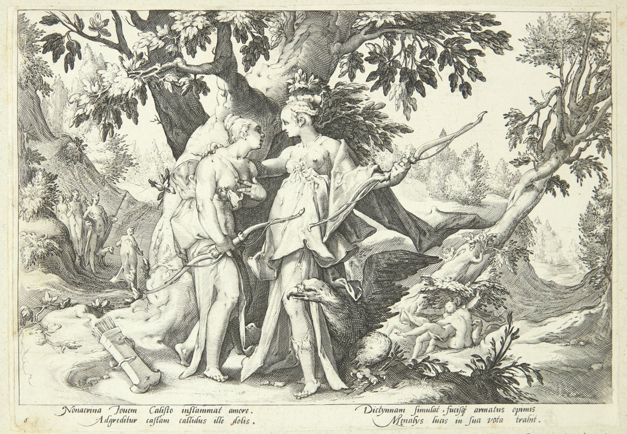 Jupiter förklädd till Diana förför Kallisto av Hendrick Goltzius