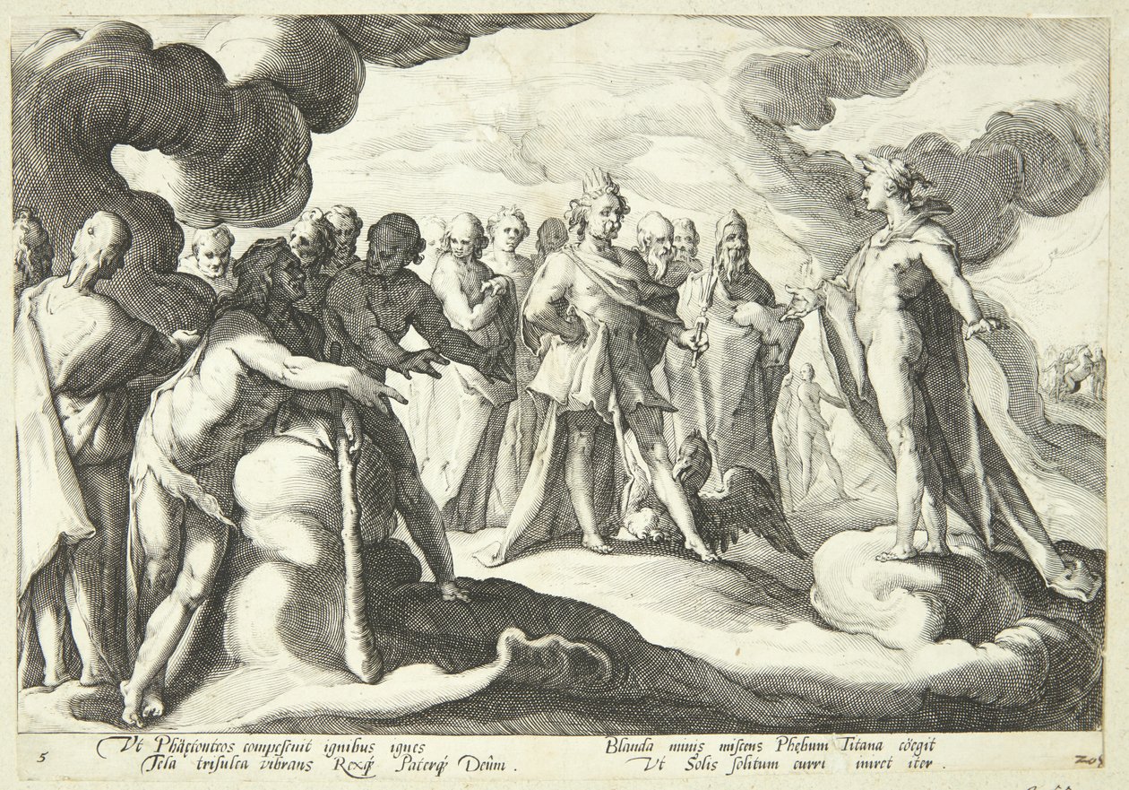 Jupiter och gudarna ber Helios att återta kontrollen över solvagnen av Hendrick Goltzius