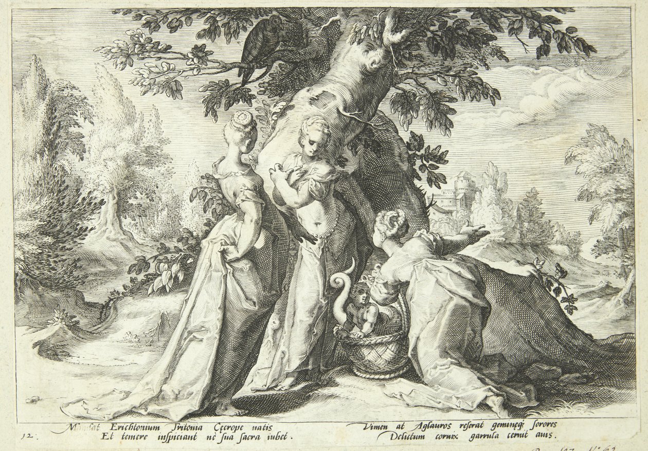 Kekrops döttrar öppnar korgen som Minerva anförtrott dem av Hendrick Goltzius