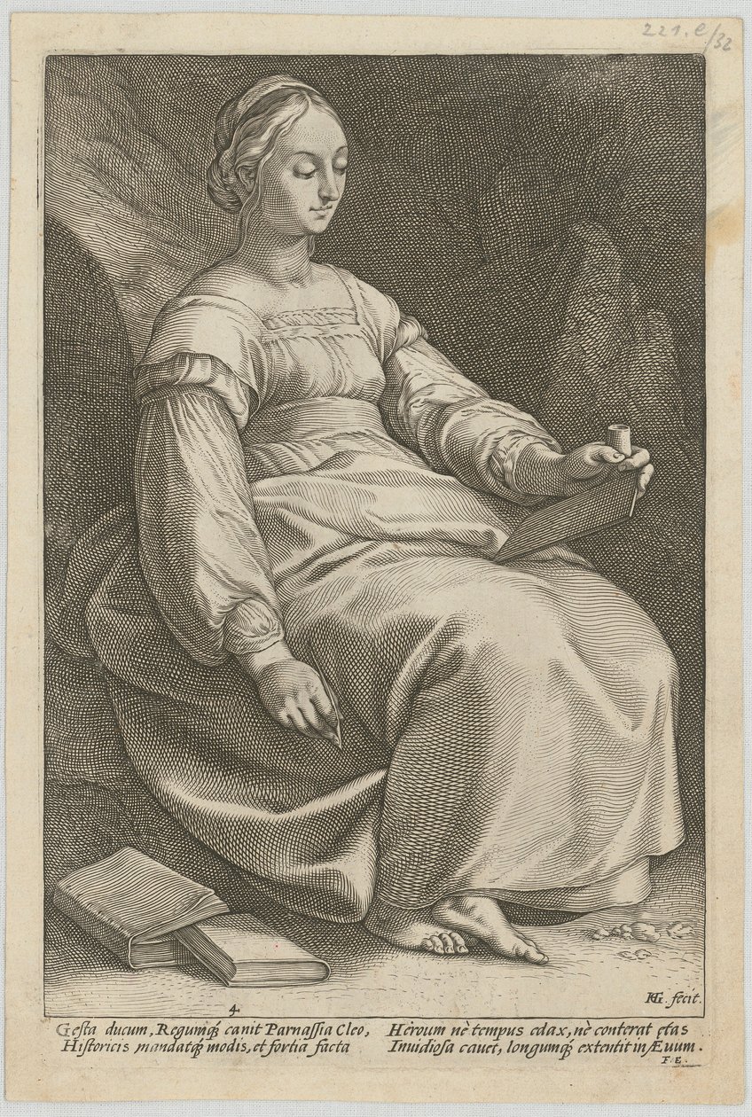 Klio, blad 4 i serien ”De nio muserna” av Hendrick Goltzius