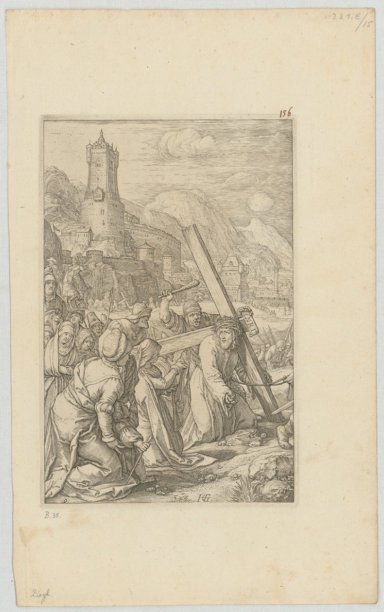 Korsbärandet, blad 9 i serien ”Passionen” av Hendrick Goltzius