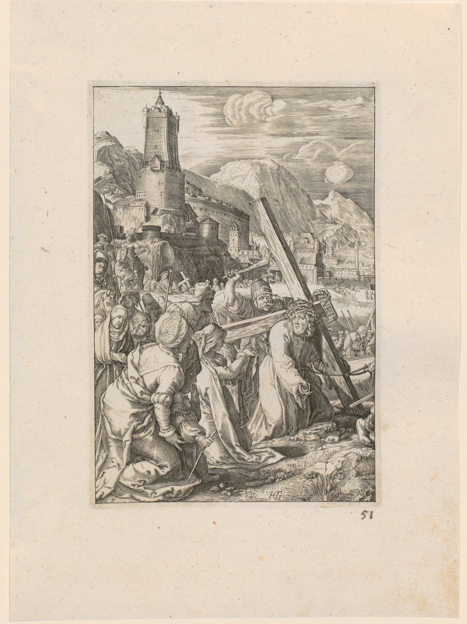 Korsbärandet, blad 9 i serien ”Passionen” av Hendrick Goltzius