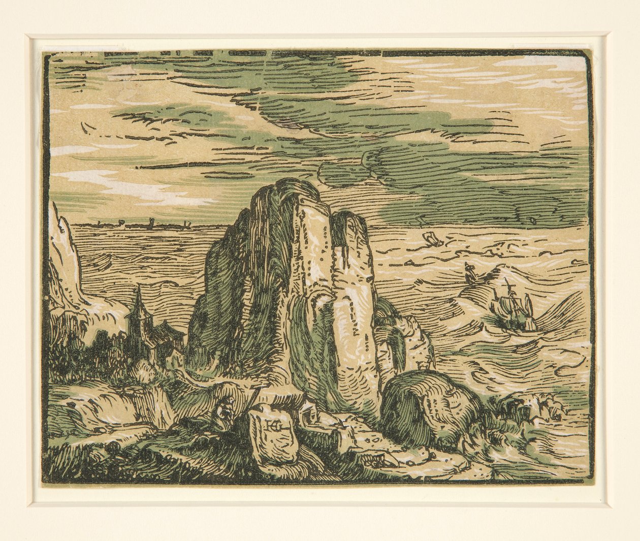 Landskap med klippa på stranden av Hendrick Goltzius