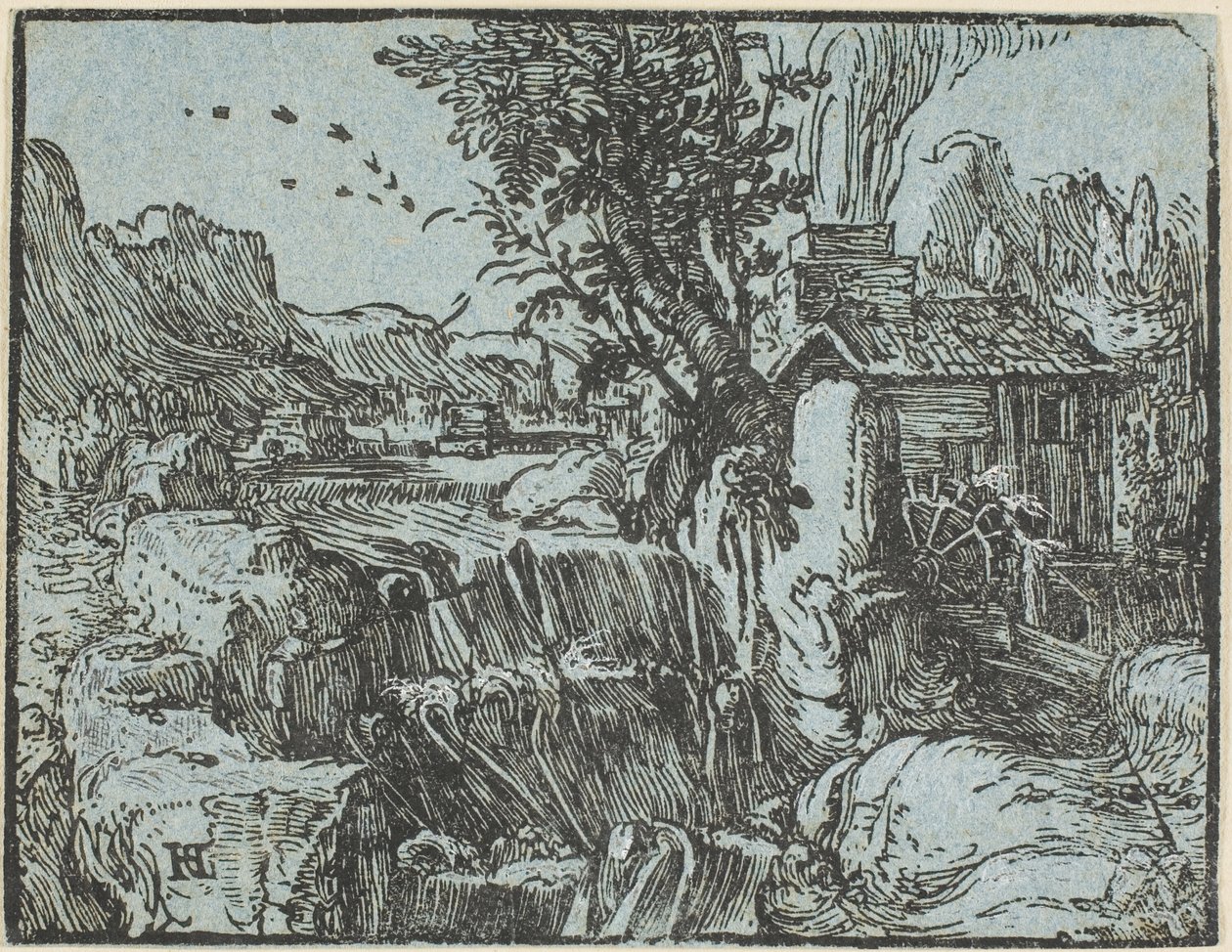 Landskap med ett vattenfall, från fyra små landskap av Hendrick Goltzius