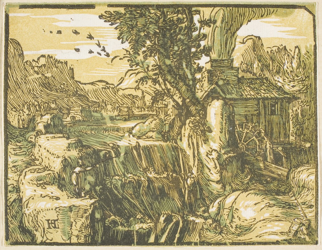 Landskap med ett vattenfall, från fyra små landskap av Hendrick Goltzius
