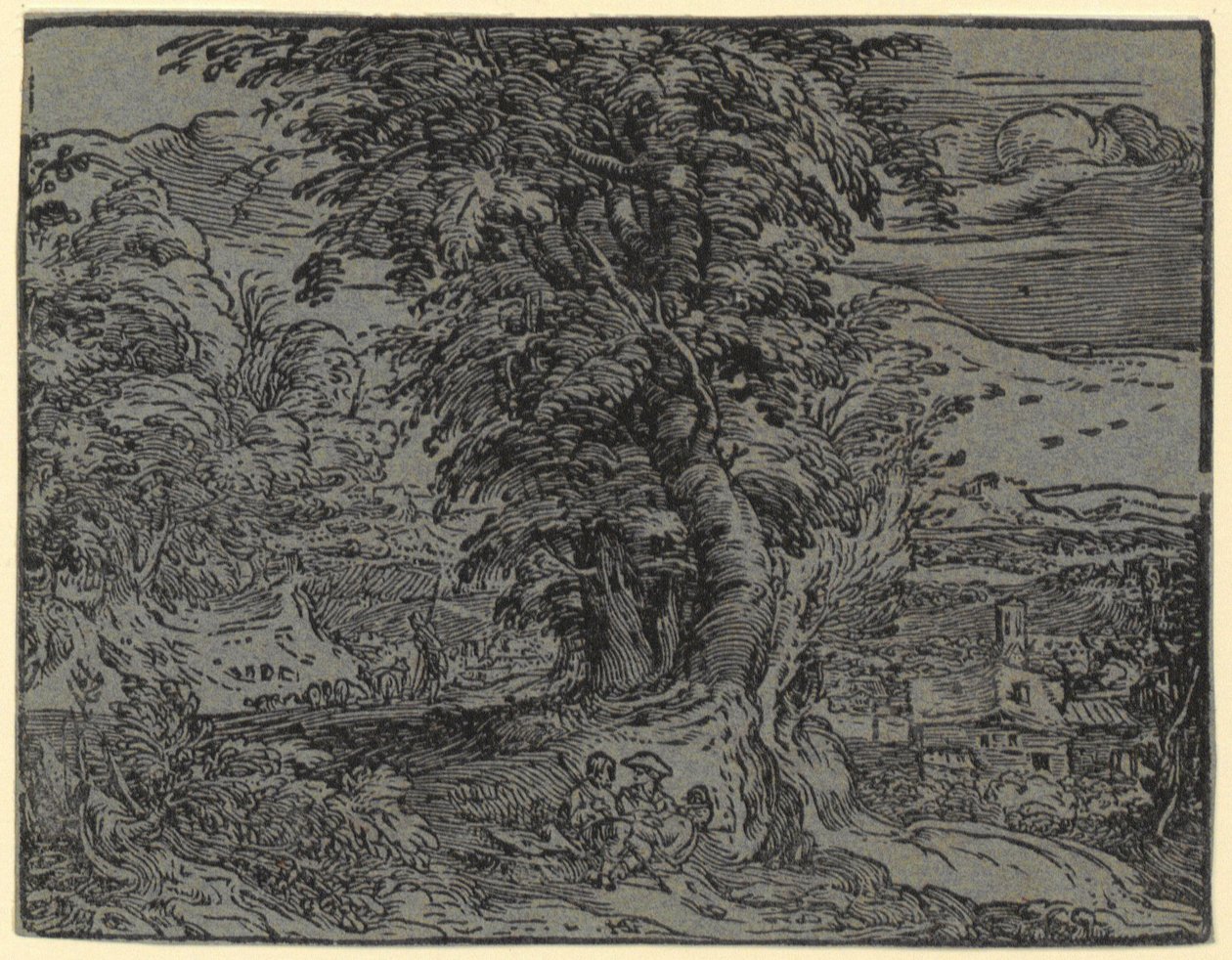 Landskap med sittande par och herde, blad 2 ur serien "Fyra små landskap" av Hendrick Goltzius