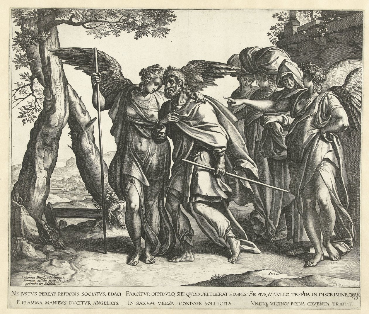 Lot flyr från Sodom med sin fru och sina döttrar av Hendrick Goltzius